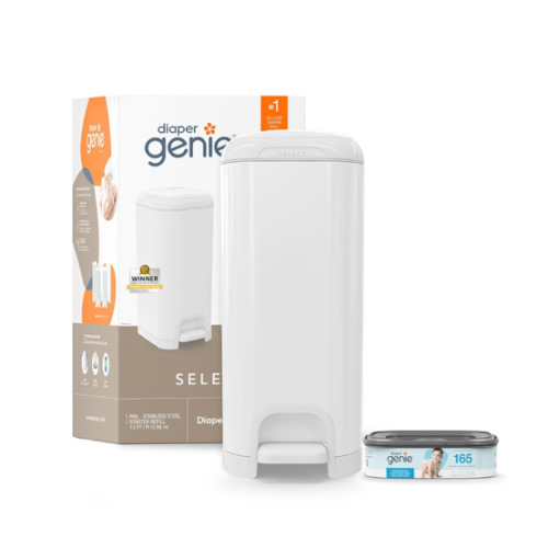 Diaper Genie Select Pail is Made of Durable Stainless Steel and Includes 1 Starter Square Refill That can Hold up to 165 Newborn-Sized Diapers.