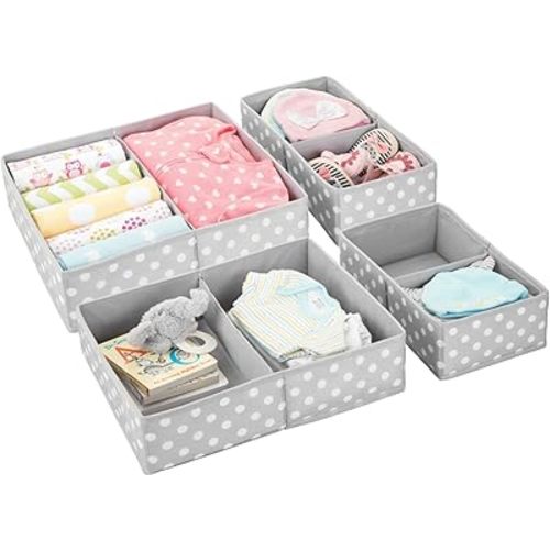 mDesign Fabric Drawer Storage Divider Organizer Bins for Nursery, Kids Bedroom Dresser, Closet, Shelf, Playroom Organization, Hold Clothes, Toys, Diapers, 2 Pack, Gray/White Polka Dot