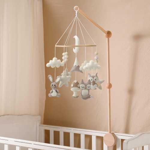 Beautiful neutral woodland mobile for crib with forest animals in soft shades