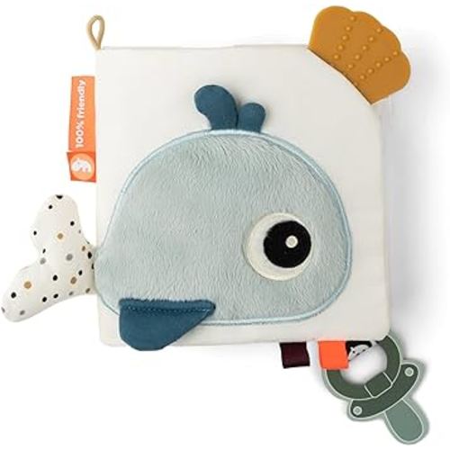 Done by Deer Sea Friends Activity Book - Durable Baby Book with Soft Seashell Teether, Crinkling Surfaces, Tactile Textures, and Toy Link for On-The-Go Entertainment.