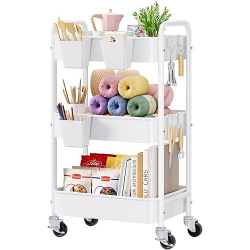 3 Tier Rolling Cart Metal with Wheels, White Three Tiered Craft Cart Organizer on Wheels, Storage Utility Carts for Art, Baby Nursery,Diaper Caddy, Cleaning Supplies, Nail,Lash,Snack,Book,Roller Shelf