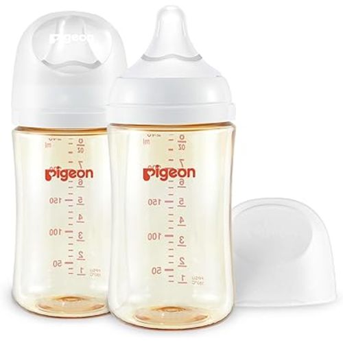 Pigeon PPSU Nursing Baby Bottle Wide Neck, Streamlined Body, Natural Feel, Easy to Clean, 8.1 Oz(Pack of 2), Includes 2pcs M Nipples (3m+)