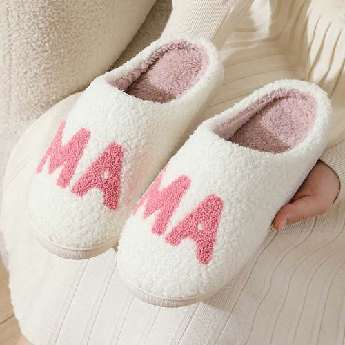 Qicasul Women's slipper Winter MAMA letter Slippers Indoor Shoes Soft Comfortable Home Slides With Cute Embroidery Design for Daily Relaxation White US Size:6