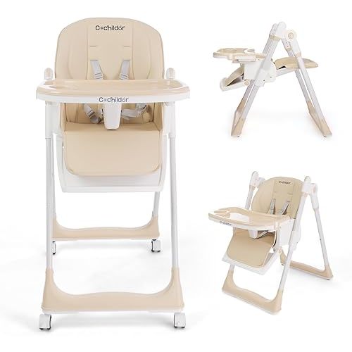 3-in-1 Foldable High Chair for Babies & Toddlers – Adjustable Height, Reclining Seat, 5-Point Safety Harness, Removable Tray, Lockable Wheels and Washable Cushion, Beige