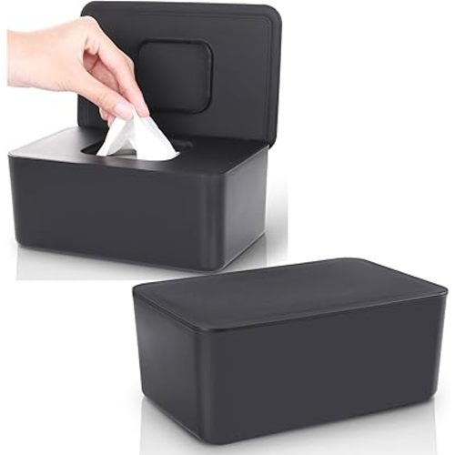 2 Pack Baby Wipes Dispenser, Baby Wipe Holder for Fresh Wipes, Non-Slip Baby Wipes Container, Refillable Wipes Box, Baby Wipes Case with Sealing Design Lid (Black and Black)