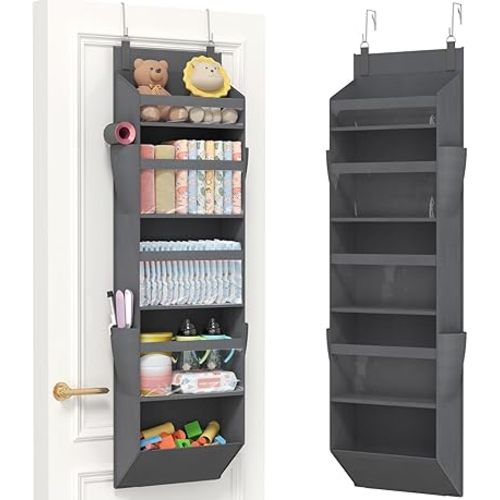 Lifewit 1 Pack Over the Door Organizer, Clear Window Hanging Storage with 4 Mesh Side Pockets, Anti Tilt 40 lbs Load Behind Door for Pantry, Nursery, Bathroom, Bedroom, Dorm, 5 Section, Gray