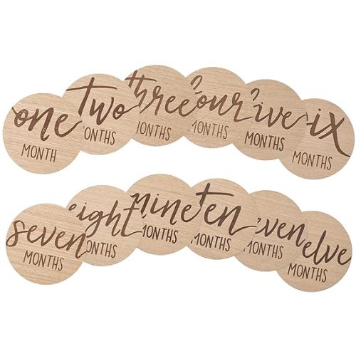 Kate & Milo Baby Monthly Milestone Marker Discs - Classic Cursive Script Wooden Discs with Reversible Photo Props for Baby Announcement and Milestones, Gender-Neutral Gift for Newborn Boy and Girl - Circle Milestone Discs