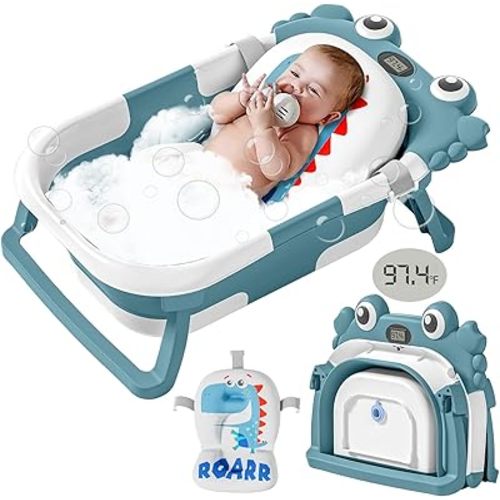 Collapsible Baby Bathtub for Newborns with Thermometer and Soft Floating Cushion Portable and Foldable Travel Baby Bath Tub for Infants to Toddler 0-36 Month (Blue)