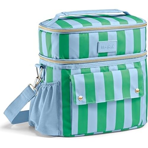 Fit & Fresh Sidekick Insulated Cooler Bag – Dual Compartment Leakproof Soft Sided Lunch Cooler, Small Cooler Bag with Crossbody Strap, 15 Can Capacity for Work, Beach & Travel, Coastal Cabana Stripe