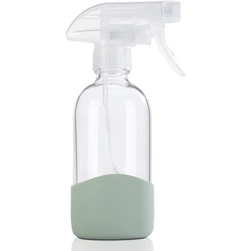 HOMBYS 8 Oz Empty Clear Glass Spray Bottles with Silicone Sleeve Protection Refillable Containers for Cleaning Solutions, Essential Oils, Misting Plants - Quality Sprayer - 1 Pack Boston Bottles