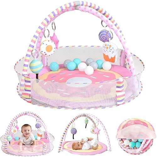 4-in-1 Baby Gym & Play Mat,Baby Girl Play Mat Activity Gym, Pink Donut Tummy Time Mat for Babies and Toddlers, Infant Activity Center for Newborn to Develop Motor Cognition