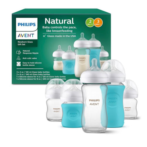Philips Avent Natural Newborn Glass Gift Set, Baby Bottles with Natural Response Nipples, 3x 4oz (Slow Flow, Flow 2) and 2x 8oz (Medium Flow, Flow 3), 2x Silicone Sleeves, SCD858/01