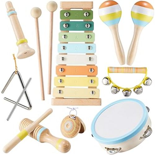 Baby Musical Instruments Set Montessori Wooden Music Toys for Toddlers 1 2 3 Neutral Color Percussion Music Kit with Drum, Xylophone,Storage Bag, Birthday Preschool Learning Gift for Boys Girls