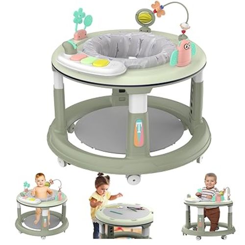 Baby Walker with 5 Adjustable Heights, Baby Walkers and Activity Center for Boys Girls Babies 6-12 Months, Features 360 Degree Swivel Seat, Music, Detachable Toys, Bounce Foot pad(Green)…