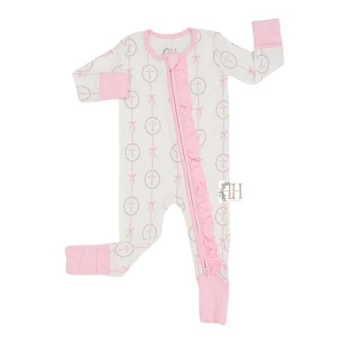 Girls Pink Cross Double Zipper Romper