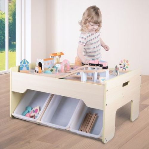 Hey Play 63pc Wooden Train Set With Table, Yellow