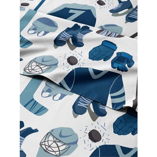Kids Twin Size Blue Ice Hockey Bed Sheets - 3 Piece Sport Sheet Set - Ice Hockey Player Print Bedding - Soft, Breathable & Machine Washable - Sports Game Bed Set for Boys, Girls, Teens and Toddlers