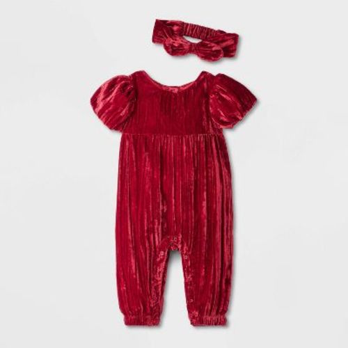 Baby Girls' Crinkle Velour Romper - Cat & Jack™ Dark Red 6-9m