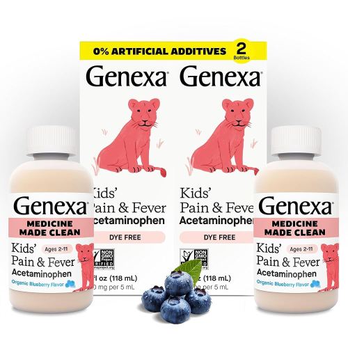 Genexa Kids’ Clean Pain & Fever Acetaminophen, Dye Free, 0% Artificial Additives, Delicious Organic Blueberry Flavor, Liquid Oral Suspension Medicine, Children 2-11, 160 mg per 5mL, 8 fl oz (2 Pack)