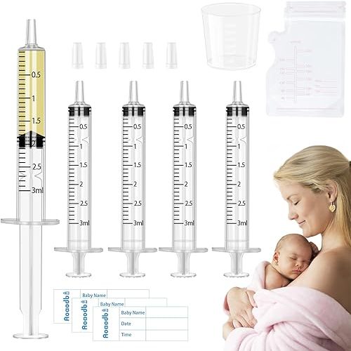 Colostrum Collector Kit Include 50pcs 3ml Sealed Breast Milk Collector No Needle Colostrum Syringes 5 Breastmilk Storage Bags and 1 Piece 30 ml Measuring Cup with 50 Stickers