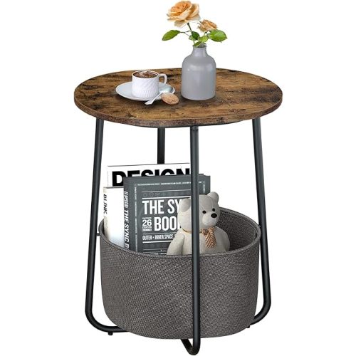 TUTOTAK Small Side Table, Oval End Table, Night Stand, Bedside Table, Sofa Table with Cloth Storage Basket, Living Room, Bed Room, Brown TB01BB063