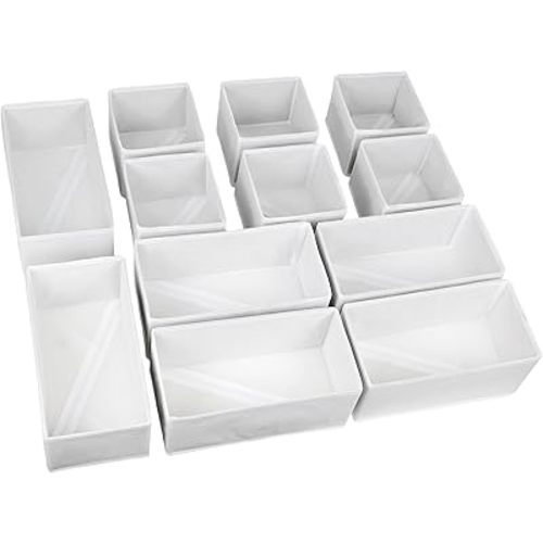 Set of 12 Drawer Organizer, Fabric Closet Organizer and Storage Baskets,Foldable Drawer Divider for Clothing,Sock,Ties,Underwear Drawer Organizers,Set of Cabinet Storage Boxes (White)