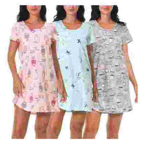 PinkBeautiM Cotton Nightgowns for Women Soft Nightshirts Printed Round Neck Sleep Dress 3 Pack