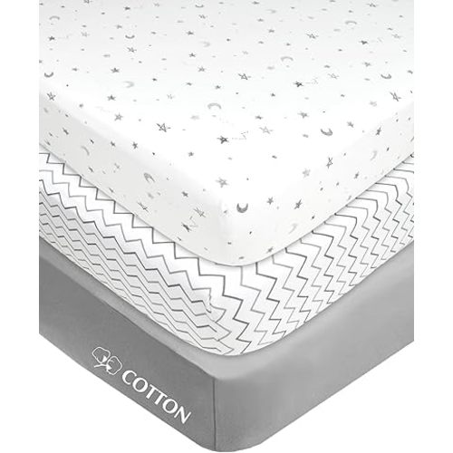 American Baby Company 3 Pack Fitted Mini Crib Sheet 24" x 38", Soft Breathable Neutral 100% Cotton Jersey Portable Sheet, Gray Star/Zigzag, for Boys and Girls, Fits Most Pack N Play Mattresses