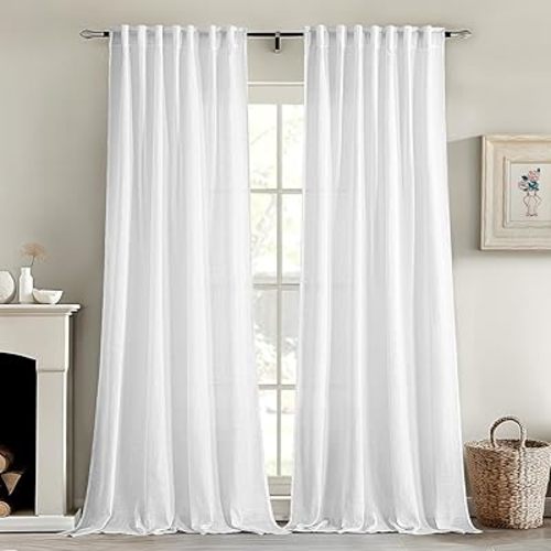 MIULEE White Linen Curtains 90 Inches Long 2 Panels for Bedroom Living Room, Soft Thick Linen Textured Back Tab Window Drapes Semi Sheer Light Filtering Rod Pocket Modern Farmhouse Decor