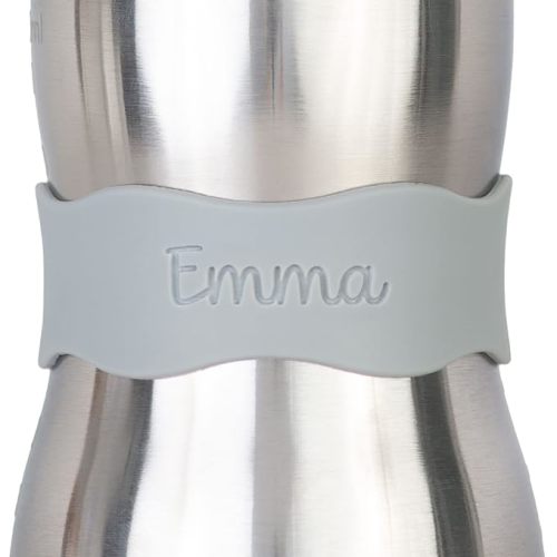 InchBug Orbit Labels - Matching Color Personalization Silicone Baby Bottle & Sippy Cup Bands - Reusable, Dishwasher Safe, Engraved Name Labels for Daycare, 4-Pack (Dolphin Gray)