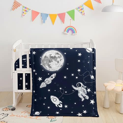 Crib Bedding Set, 3-Piece Nursery Bedding with Comforter, Sheet & Skirt - Rocket Astronaut Moon Printed - Black