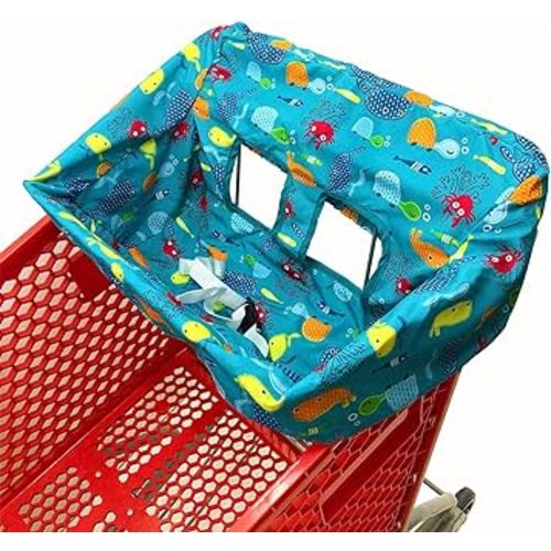 Portable Shopping Cart Cover, High Chair and Grocery Cart Covers for Babies, Kids, Infants & Toddlers, Attached Carry Bag (Blue Seaworld)