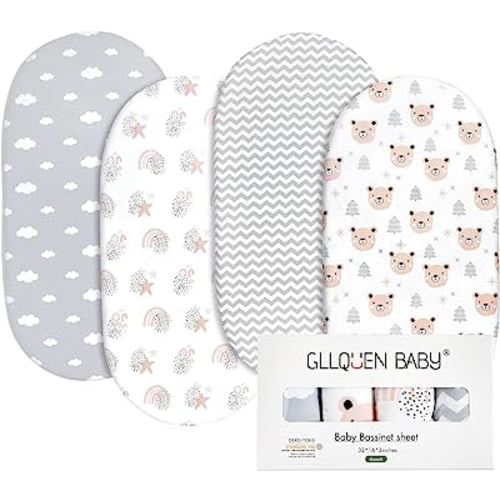 Gllquen Baby Bassinet Sheets 4 Pack, Breathable Cozy Fitted Mattress Sheet, Elastic Travel Crib Fashionable Floral Pattern, Standard Cradle Safe Sheets for Baby Boy Girls 32"X16"(Rainbow)