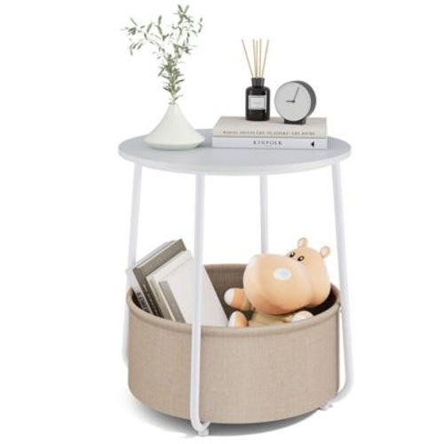Sweetcrispy Small Round Side End Coffee Table With Fabric Basket - White