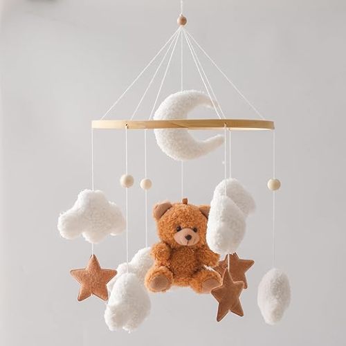 EERKEOD Brown Bear Musical Crib Mobile for Newborn Infants, Unisex, Fabric, Crib Mount, Hanging Mobile, Children