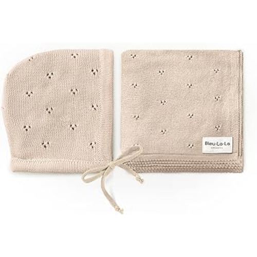 Organic Pointelle Baby Blanket + Hat Gift Set for Boys & Girls - 100% Soft Luxury Cotton Swaddle Blanket + Bonnett Registry for Newborns & Infants (Oatmeal + Hat)