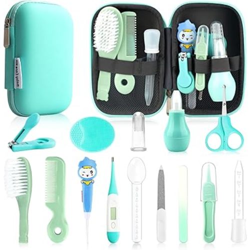 Baby Healthcare and Grooming Kit, 15 in 1 Baby Safety Set Newborn Nursery Health Care Set with Hair Brush Scale Nail Clippers for Baby Girls Boys(15 Kits Green)