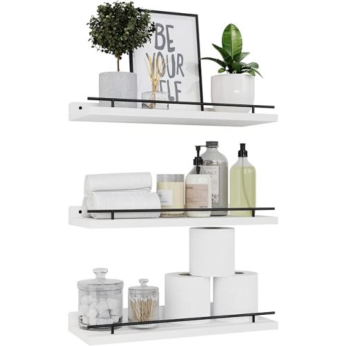 WOPITUES Floating Shelves with Black Metal Guardrail, Shelves for Wall Decor Set of 3, Wall Shelves for Bedroom, Bathroom, Kitchen, Living Room, Plants, Picture Frames, Art- Black and White