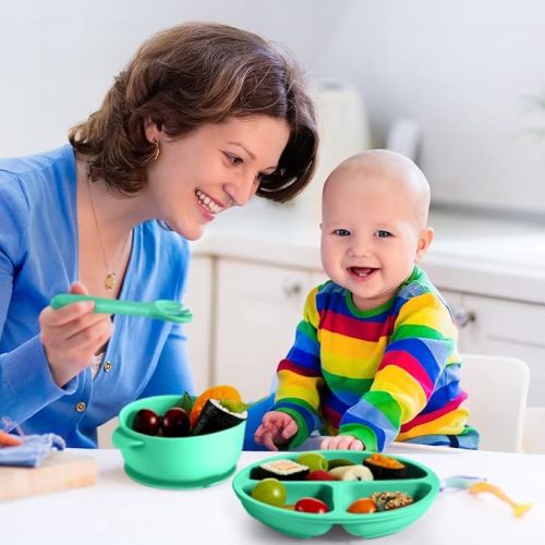9 Pcs Silicone Baby Toddler Suction Plates Baby Bowls with Suction Toddler Bowls Set Kids Utensils Divided Plate Baby Boy Girl Feeding Set with Spoon Fork Dishwasher and Microwave Safe (Fresh Colors)