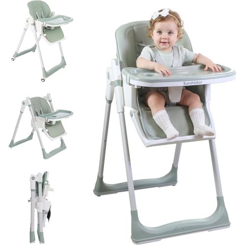 3 in 1 Baby High Chair with Wheels, Adjustable 5 Point Harness, Tray, Foot Rest, Backrest and Seat Height, Foldable High Chair for Toddlers, Green