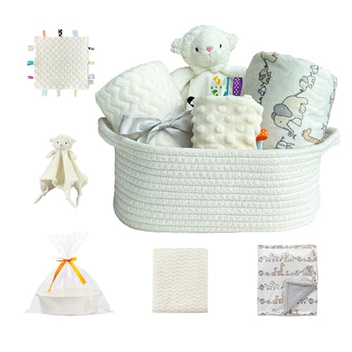 CREVENT Baby Welcome Gift Set Storage Basket with 2 Blankets+ 1 Security Blanket + 1 Taggie + 1 Gift Bag with Ribbon (Ivory)