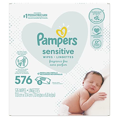 Baby Wipes, Pampers Sensitive Water Based Baby Diaper Wipes, Hypoallergenic and Unscented, 8 Refill Packs (Tub Not Included), 72 each, Pack of 8 (Packaging May Vary)