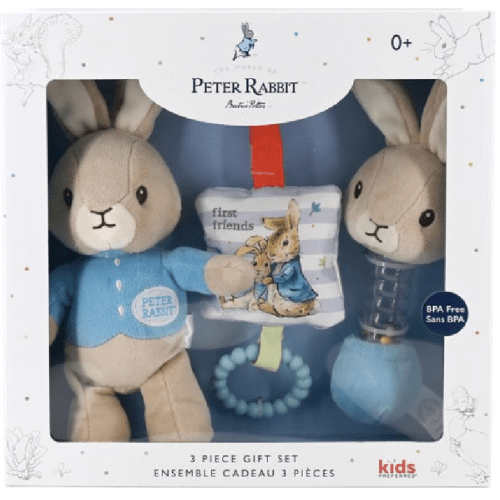 Beatrix Potter 3 Piece Gift Set With Plush, Rainstick Rattle and On-The-Go Rattle With Teether