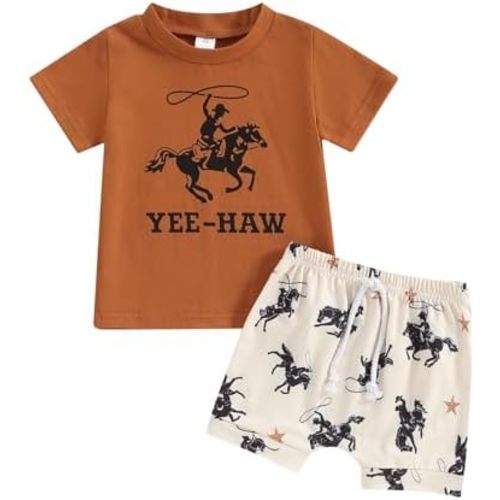 Infant Baby Boy Farm Clothes Western Cow/Animals Farm Themed Shirt Top Solid Short Pant 2Pcs Summer Short Outfits