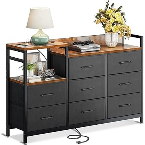 ODK Dresser with Charging Station, 52-Inch Long Dresser for Bedroom with 8 Storage Drawers, Fabric Dressers Chests of Drawers with Sturdy Steel Frame and Wooden Top, Vintage and Black