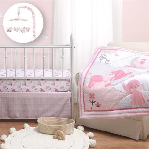 The Peanutshell Pink Elephant Crib Bedding Set And Mobile - 4 Piece Set