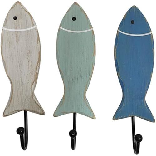 The Bridge Collection Set of 3 Fish Wall Hooks - Nautical Mounted Hooks for Beach or Lake House Decor - Coastal Wall Hangers Made of Wood
