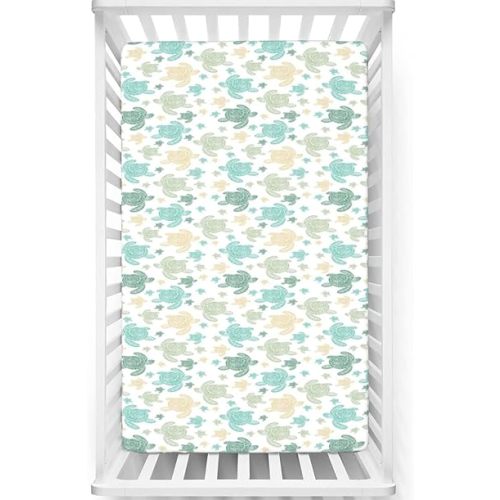 Turtles Themed Fitted Mini Crib Sheets,Portable Mini Crib Sheets Soft & Stretchy Fitted Crib Sheet-Baby Sheet for Boys Girls,24“ x38“,Seafoam and Grey Yellow