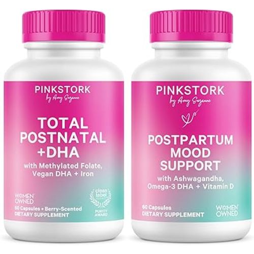Pink Stork Total Postnatal Multivitamin + Postpartum Mood Support - Folate, B12, Ashwagandha, Chamomile, Support Nutrition, Postpartum Mood and Stress Bundle