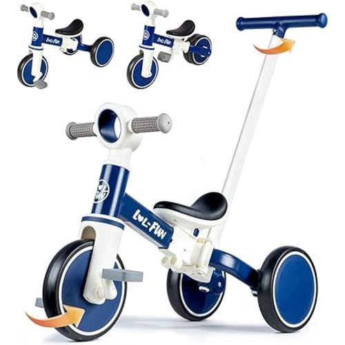 LOL-FUN 5 in 1 Toddler Tricycles for 1-3 Year Olds Boys Girls Toy with Parent Steering Push Handle, Baby Balance Bike 1 Year Old Kids Gift